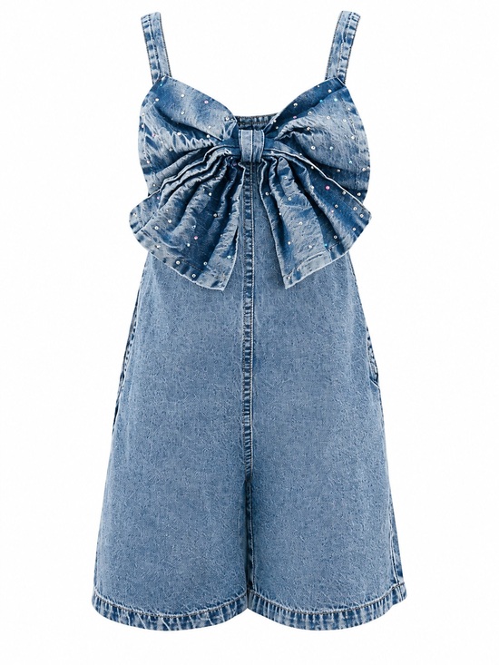 Lola + The Boys Other - Lola + The Boys Sparkle Bow Denim Overalls Romper Rhinestone Girls Size 12